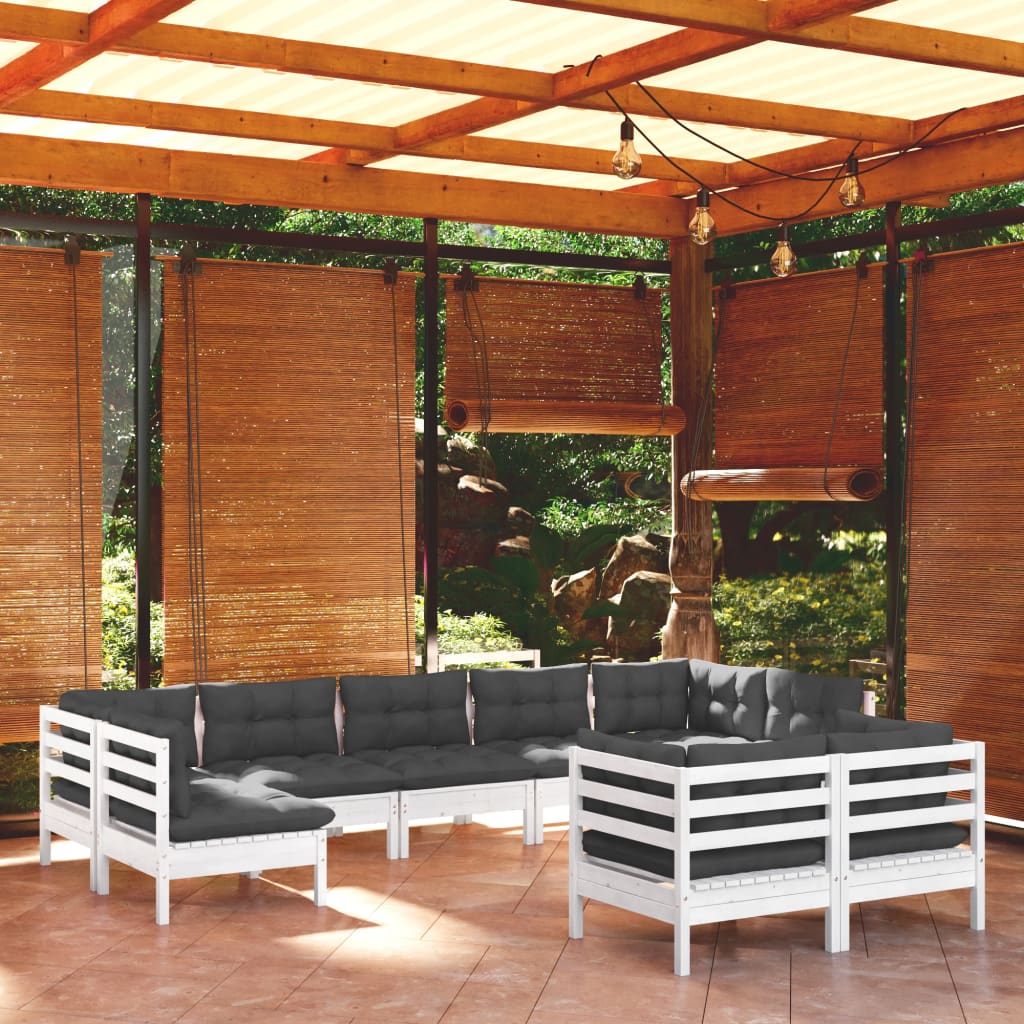 9-tlg. Garten-Lounge-Set mit Kissen Weiss Kiefer Massivholz
